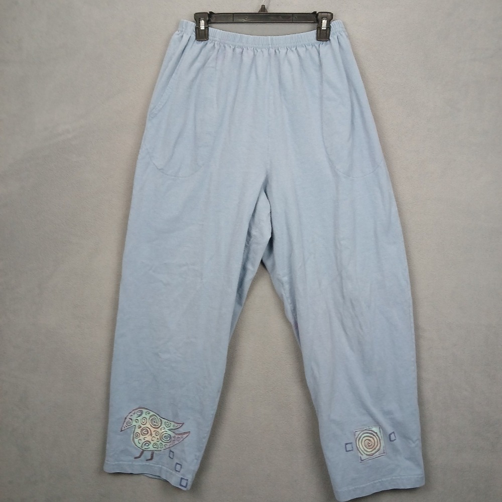 Blue Fish Pants Womens Small Pale Blue Cotton Logo Straight Leg Elastic Waist